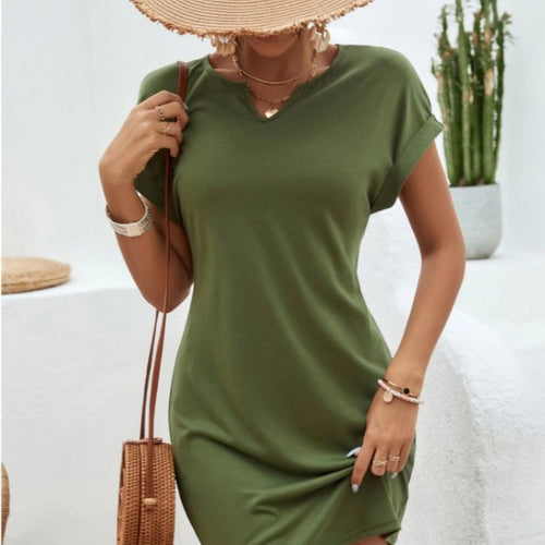 Notched Short Sleeve Mini Tee Dress - Boutique Clothing