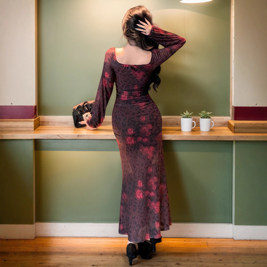 Women Clothing Tight Sexy Mesh Floral Print Square Collar Hip Maxi Dress