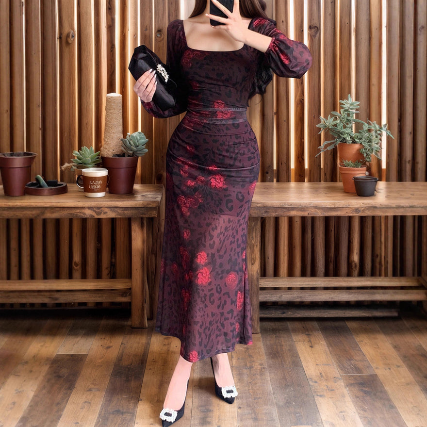 Women Clothing Tight Sexy Mesh Floral Print Square Collar Hip Maxi Dress