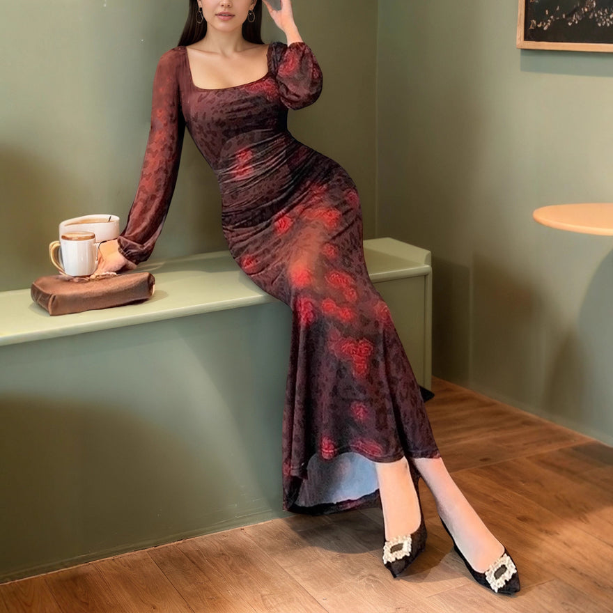 Women Clothing Tight Sexy Mesh Floral Print Square Collar Hip Maxi Dress