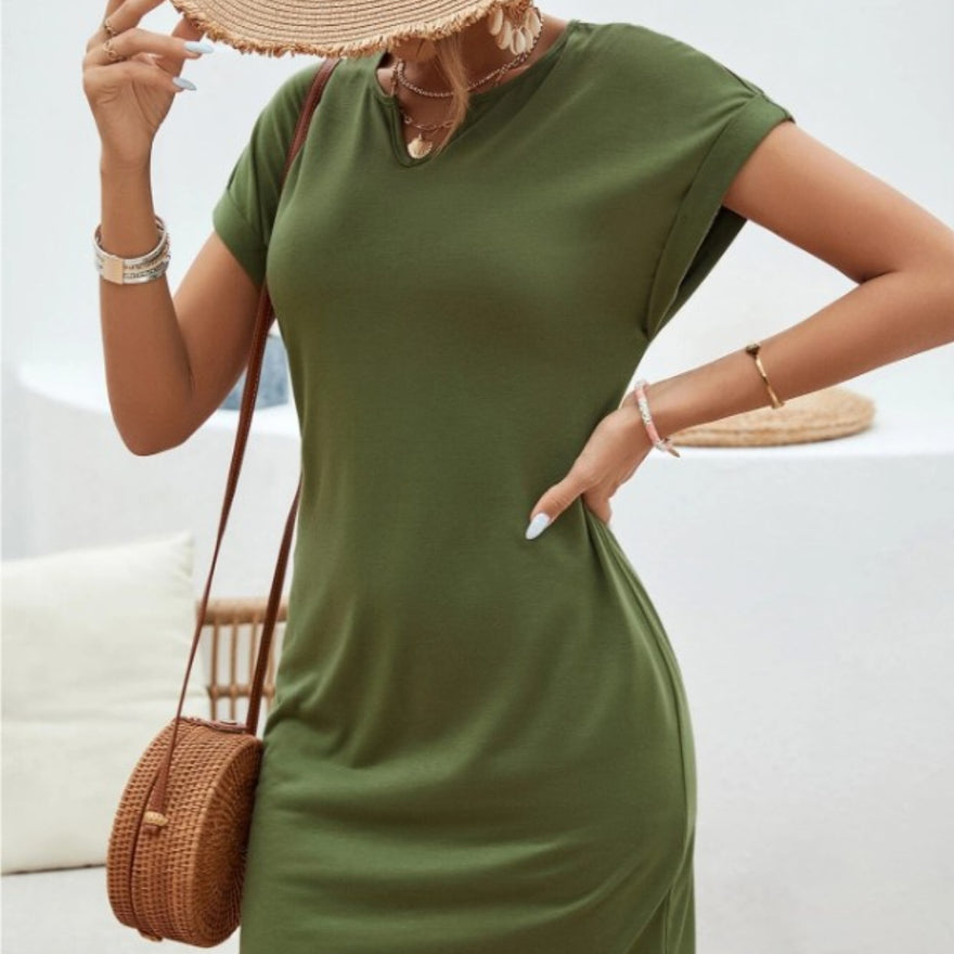 Notched Short Sleeve Mini Tee Dress - Boutique Clothing